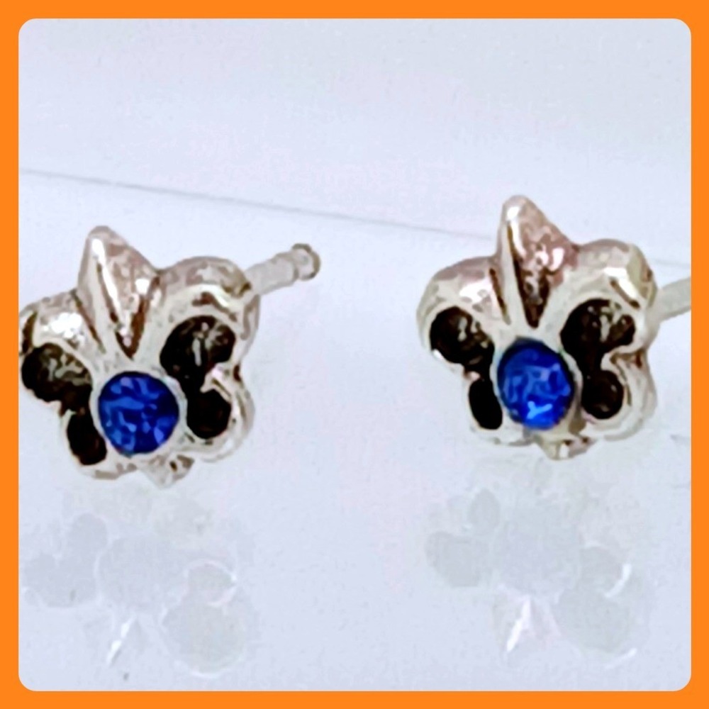 Sterling Silver 925 Fleur De Lis Blue Crystal Stud Earrings French Heraldic
